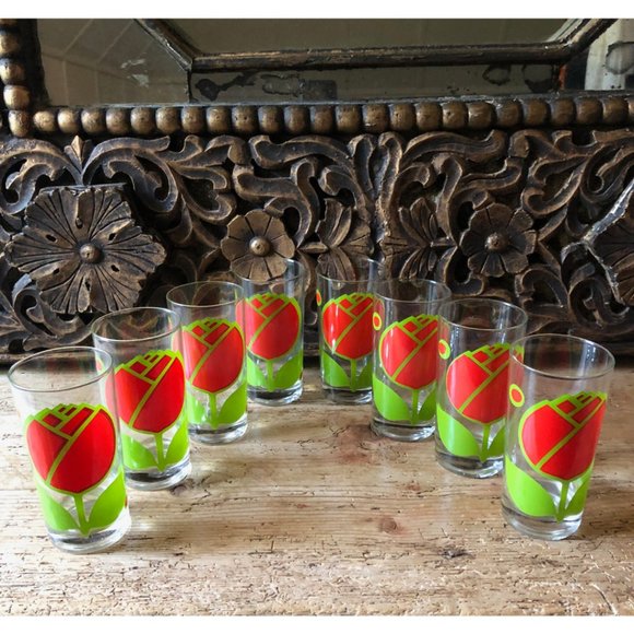 Set of 8 Eight Vintage MCM Colony Tulip Flower Olives Highball Drinking Glasses - Picture 7 of 11